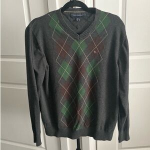 Tommy Hilfiger V-neck Cotton Men’s Pullover Sweater, Gray with Argyle, Size L